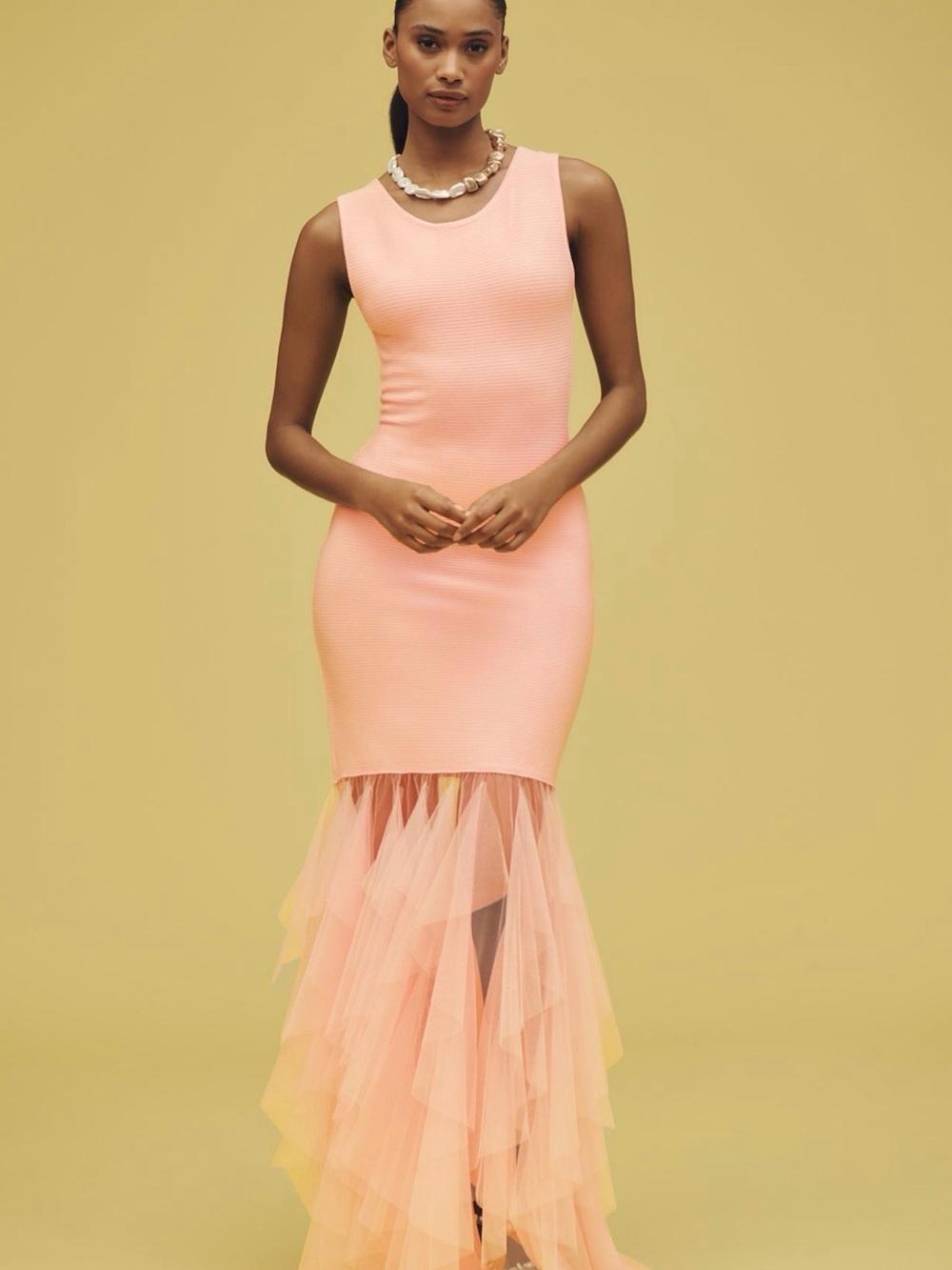 Anthropologie Coral Pink Sleeveless Mermaid Tulle Maxi Dress
